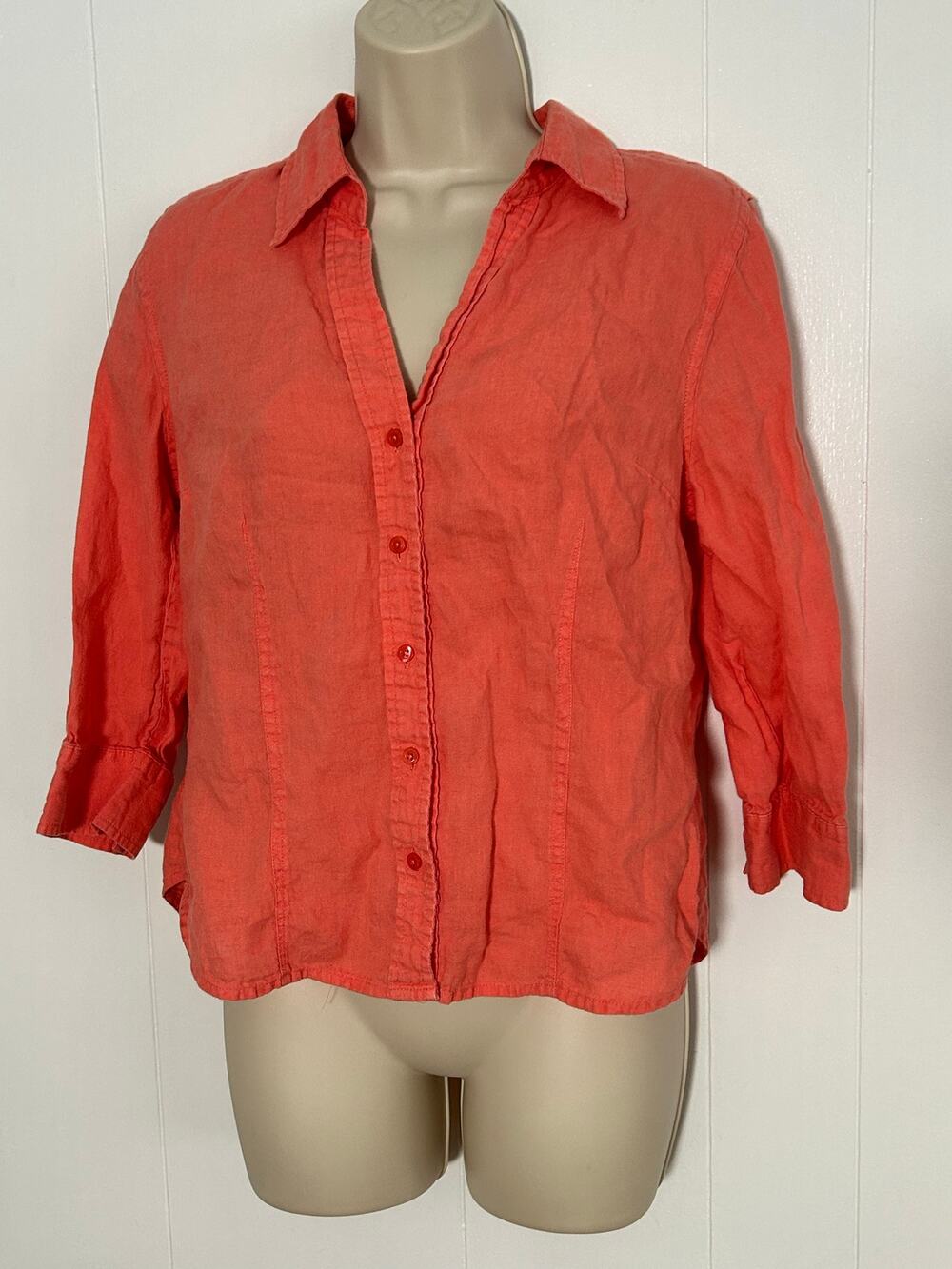 Talbots Women's Medium 100% Linen Coral Button Up Blouse 3/4 Sleeve Great Condit